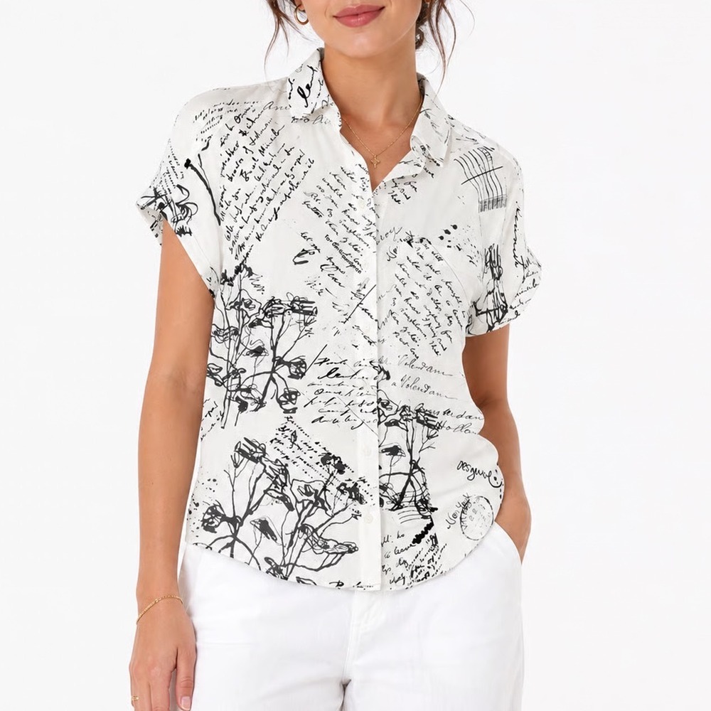Desigual Shirt Women's S CAM_SOMA White Black Script Print Button-down New
